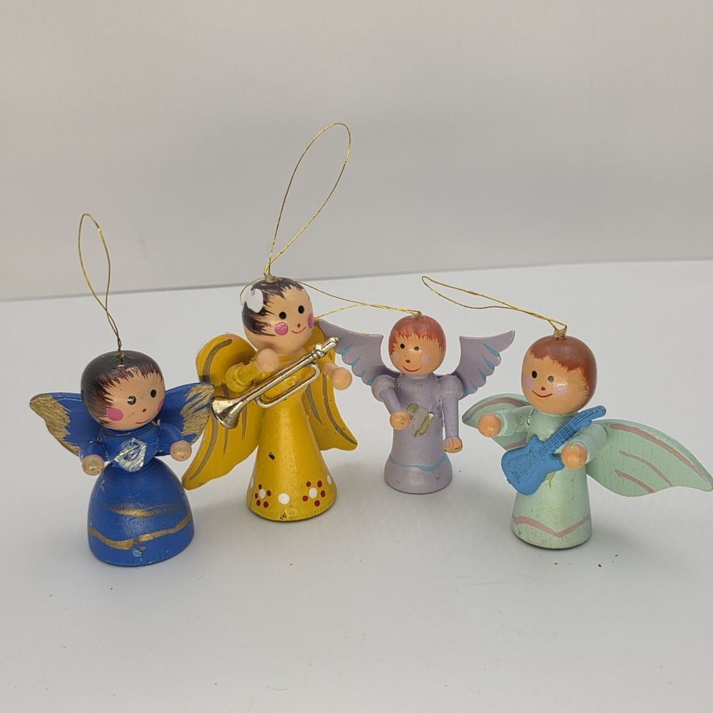 VTG Wood Angel Ornament Lot Hand Painted Christmas Choir Missing Instruments